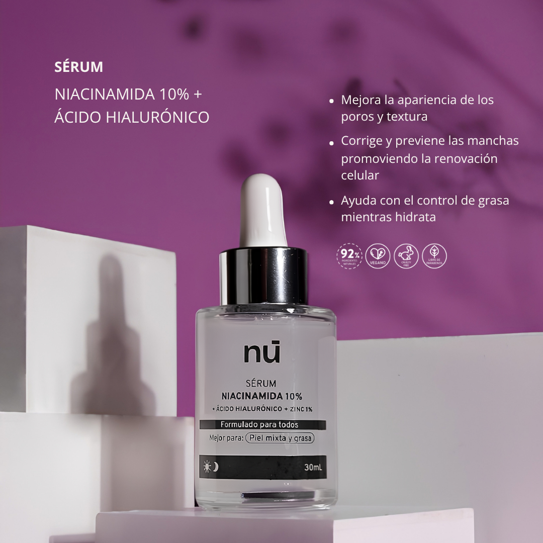 NÚ Sérum Facial Equilibrante e Iluminador – Niacinamida 10% + Zinc 1% + Ácido Hialurónico (30 ml)