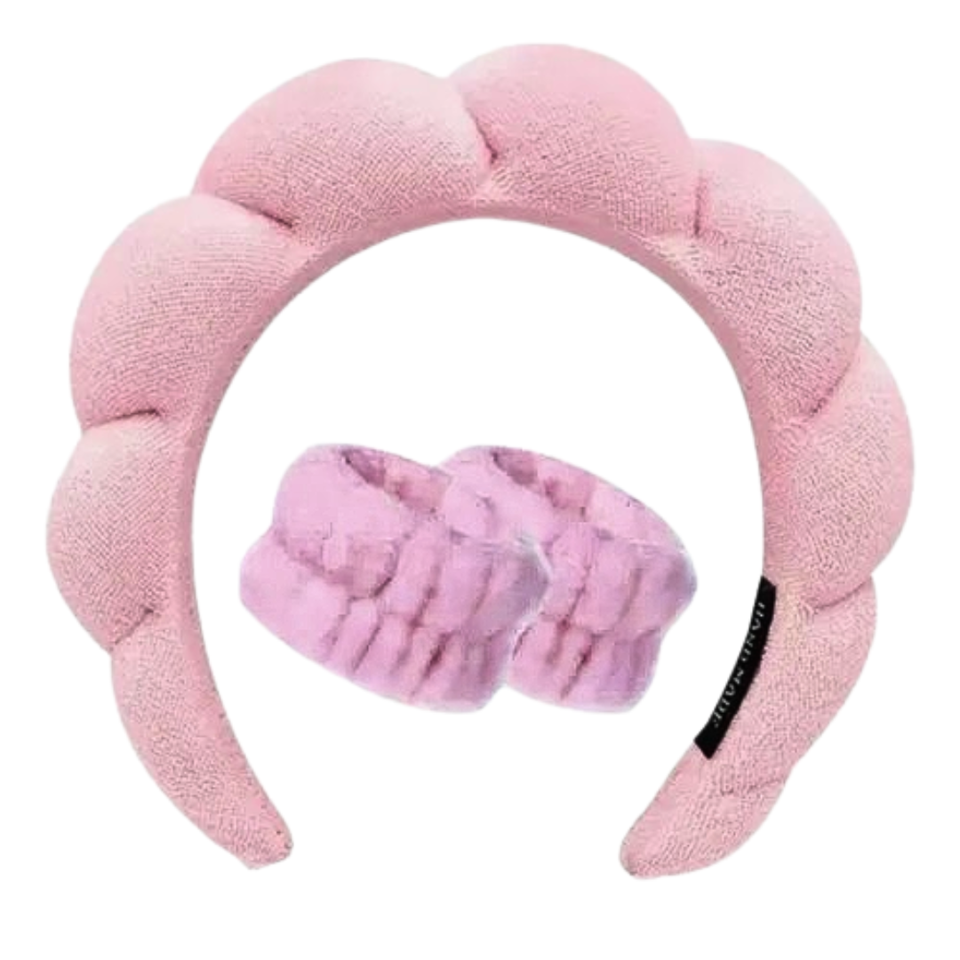 Set de Spa en Casa: Diadema y Muñequeras de Felpa Ultra-Suaves - Rosa